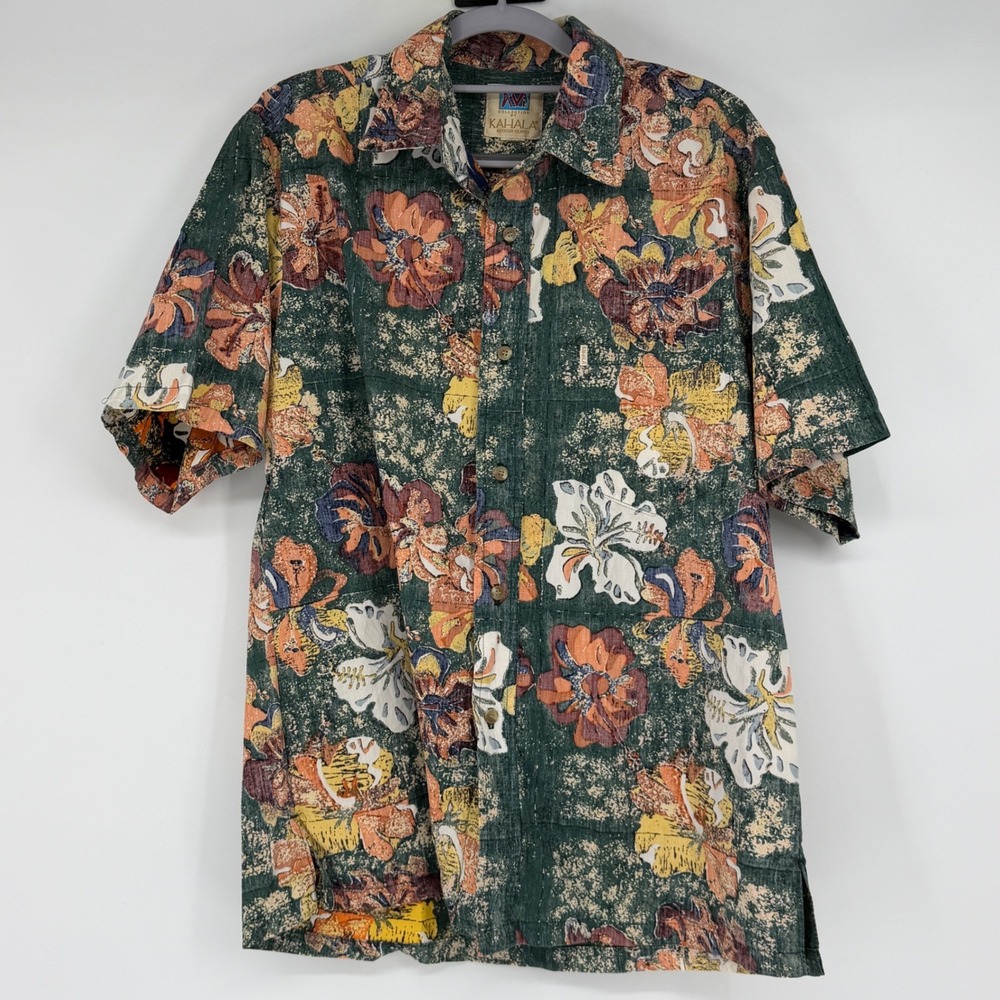 Vintage Kahala Hawaiian Shirt Large Green Floral Cotton Button Up Made in USA